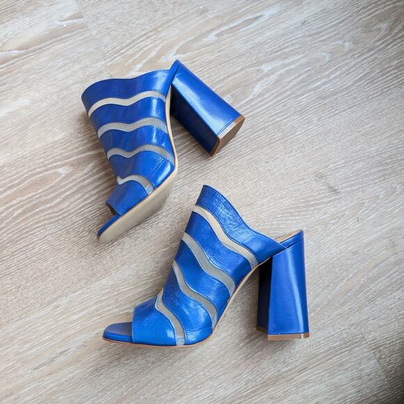 NWOT Giampaolo Viozzi Blue Mesh Cutout Open Toe Mule Leather Shoes, size EU 38 - Picture 2 of 8